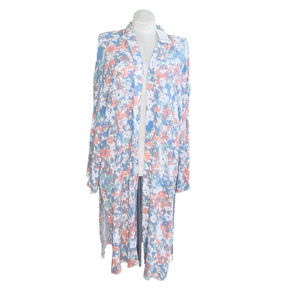 NWT Wonderly Floral‎ Kimono Cardigan Duster Blue Orange Crinkle Open Front L/XL